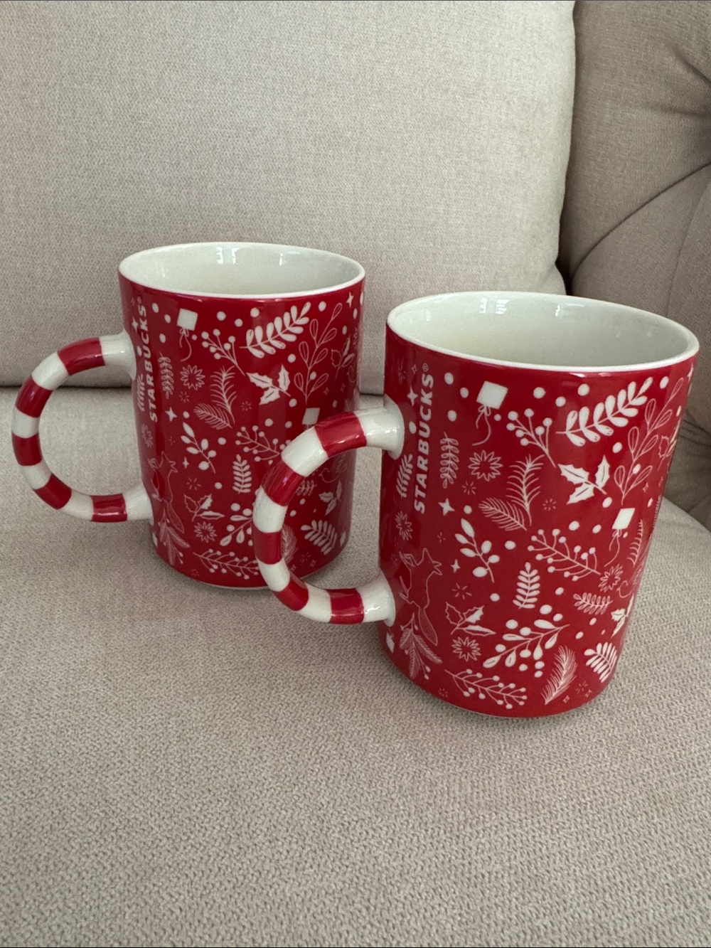 2 Starbucks Holiday Christmas 12 oz. Cup Coffee Mugs 2018 Candy Cane Handle
